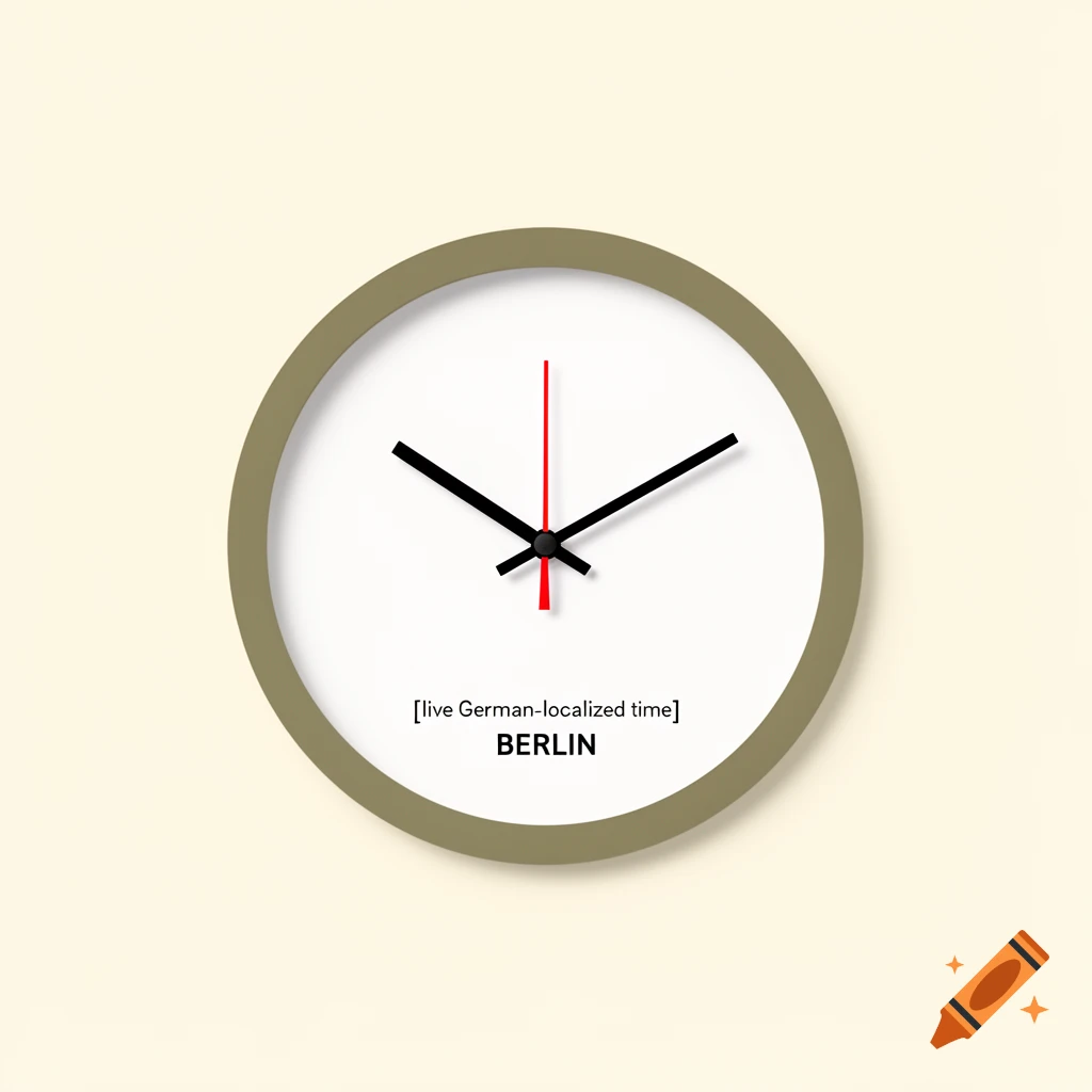 Minimalist wall clock with an olive-green frame, white face, black hands, and a red second hand showing Berlin time.
