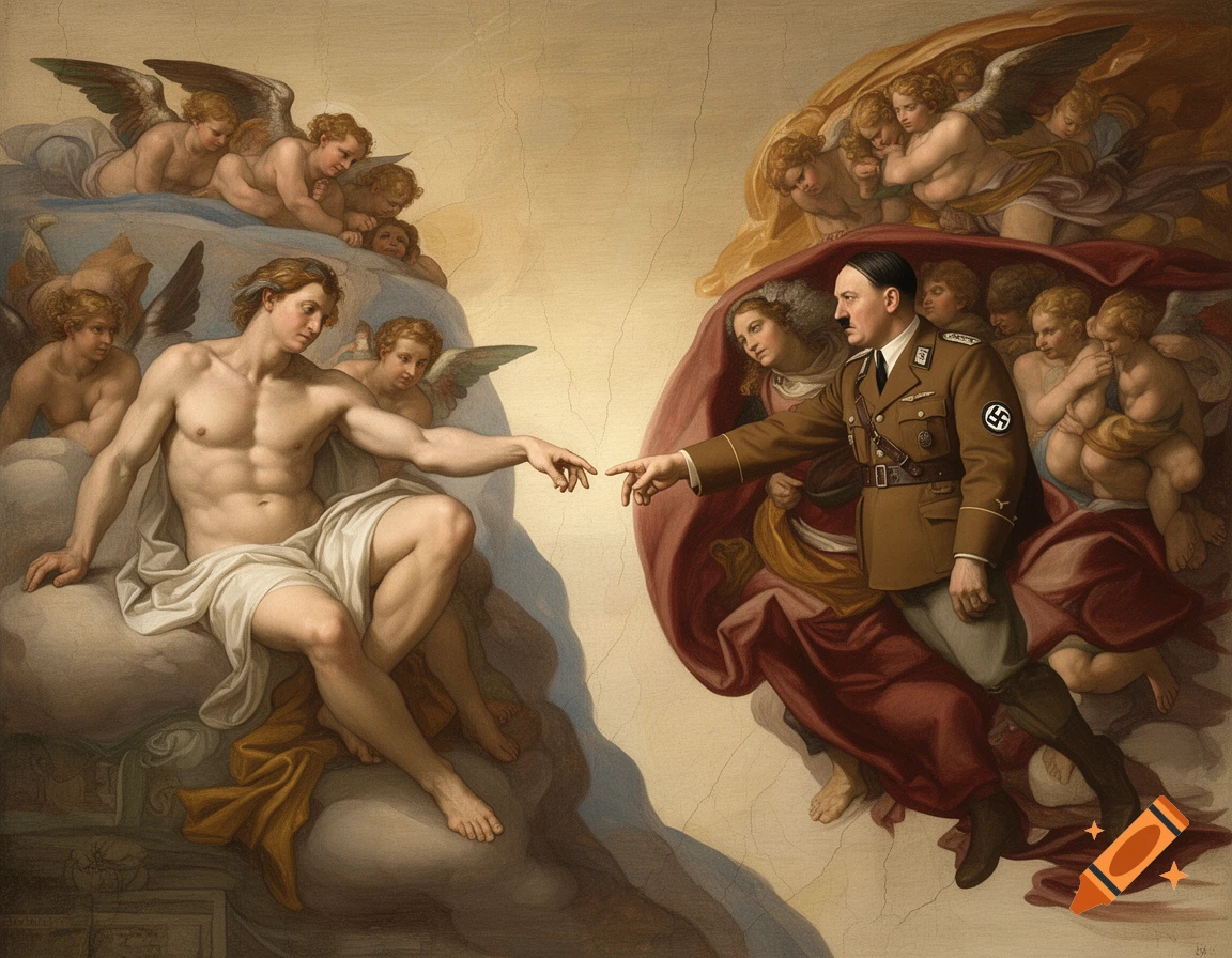 Parody of Michelangelo's The Creation of Adam featuring Adolf Hitler in an SA uniform instead of God, in classical painting style.