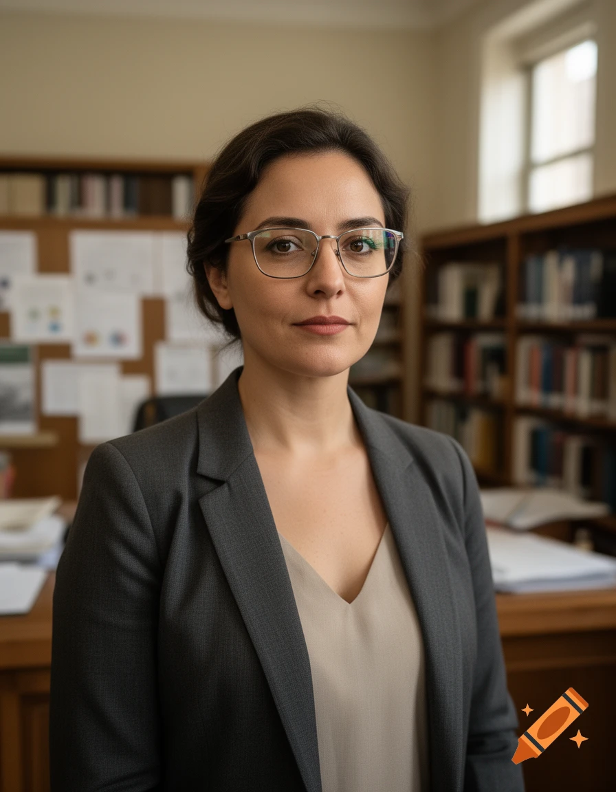 Photorealistic portrait of a woman in her 30s wearing glasses and a gray blazer in a library.