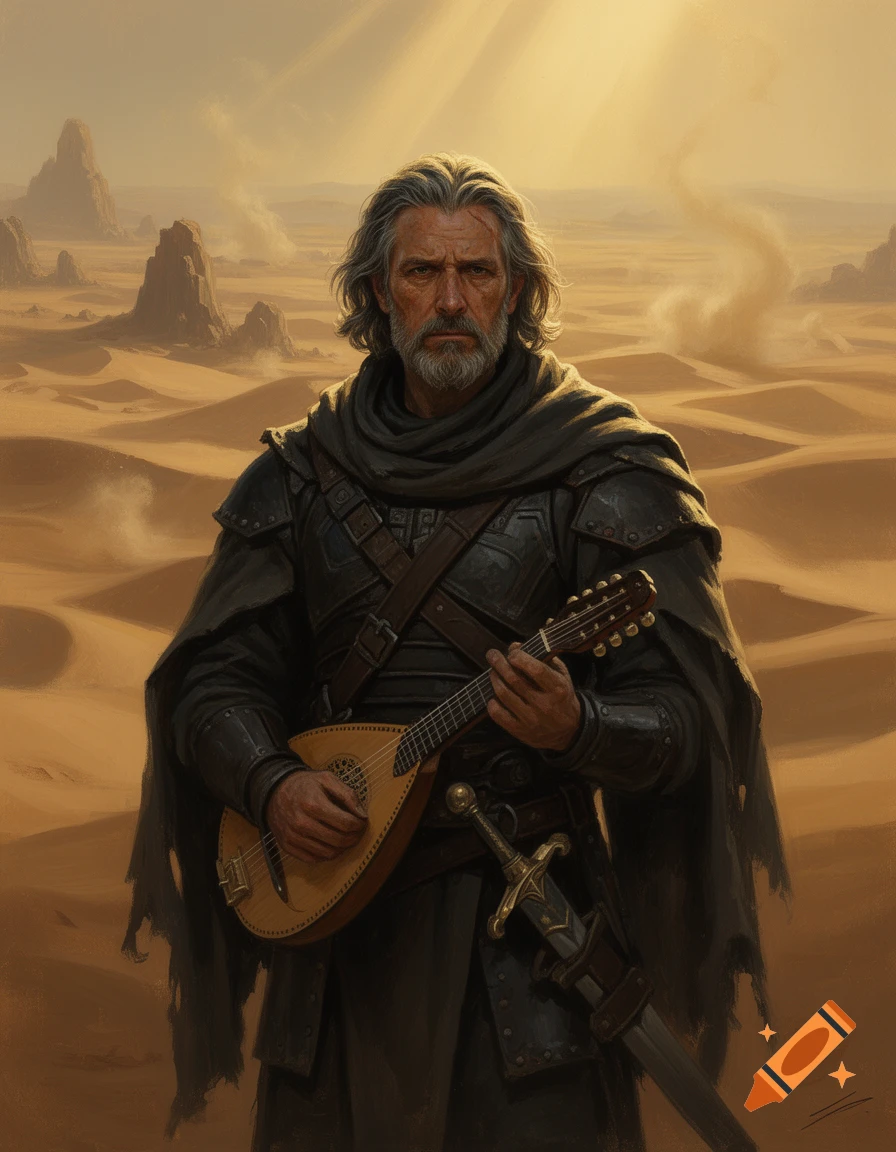 Painterly portrait of Gurney Halleck from Dune in dark armor holding a baliset in a desert landscape.