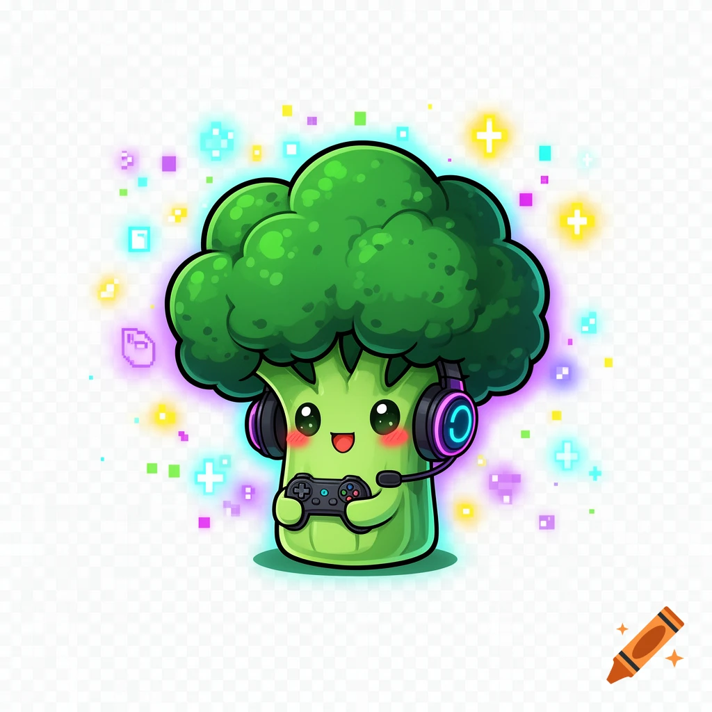 Chibi broccoli character wearing headphones and holding a game controller, digital art style.