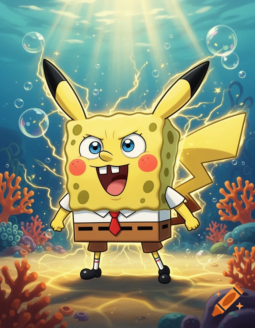 Digital illustration of SpongeBob SquarePants with Pikachu ears and tail, surrounded by electricity underwater in Bikini Bottom.