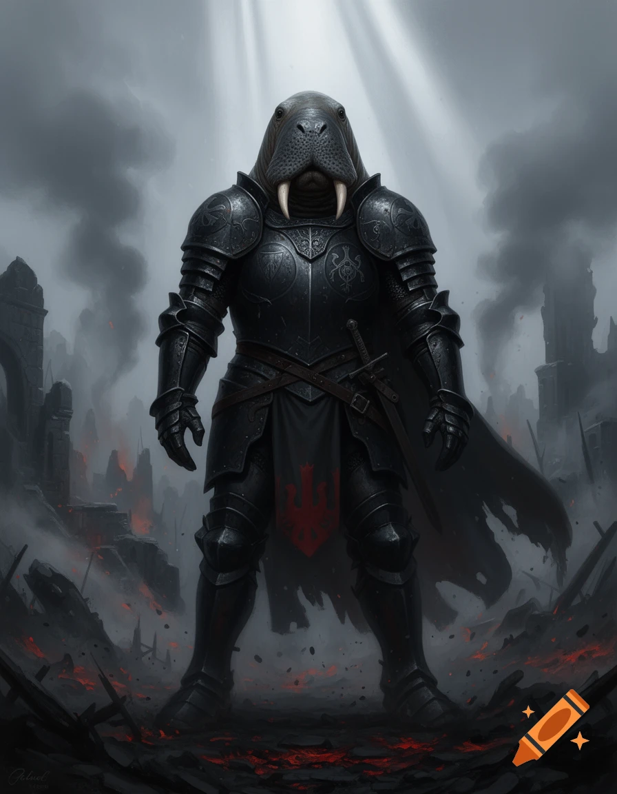 A humanoid walrus warrior in dark armor standing in a ruined, smoky landscape.
