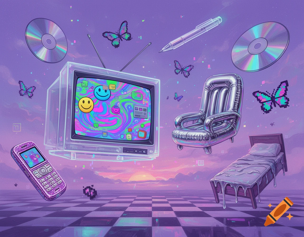 Surreal 90s-style digital illustration with floating nostalgic objects like a retro TV, CDs, and a melting bed against a purple checkered grid.