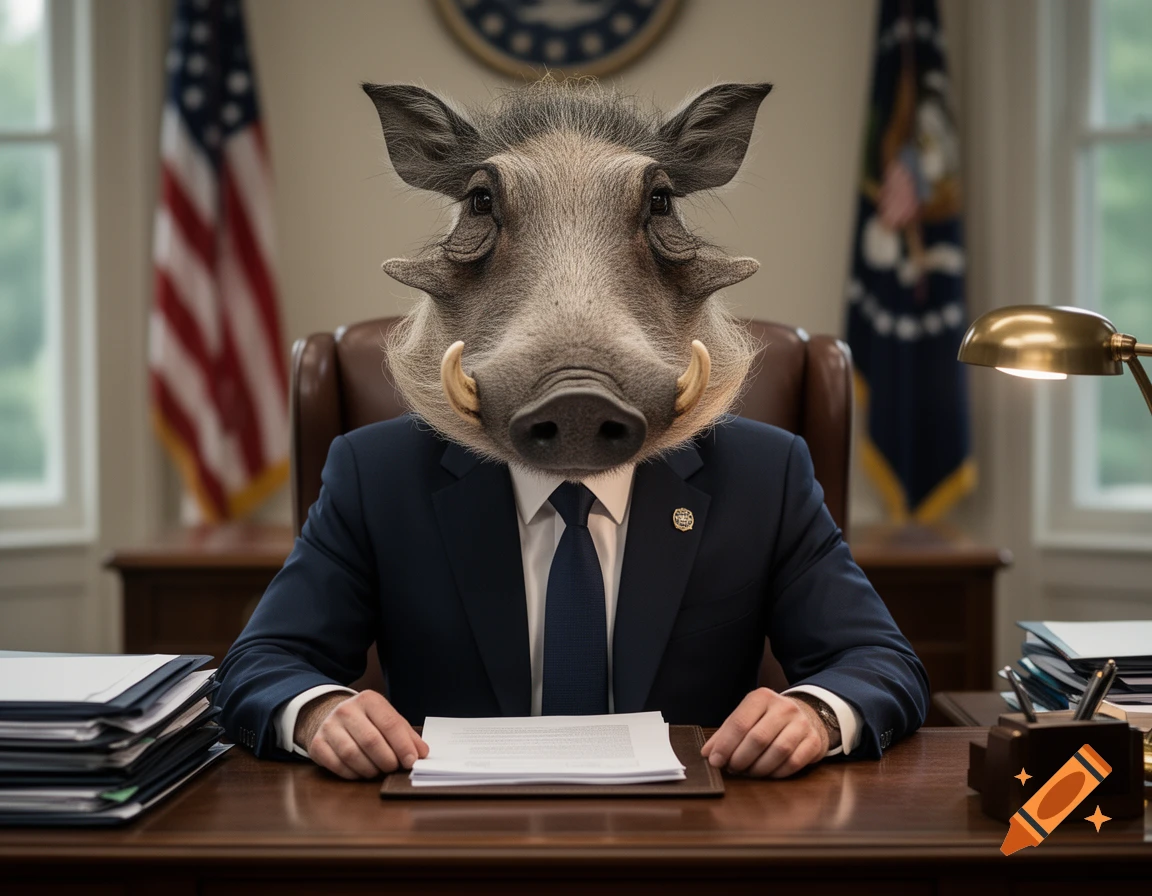 Photorealistic portrait of a warthog dressed in a business suit sitting behind a desk in the Oval Office.