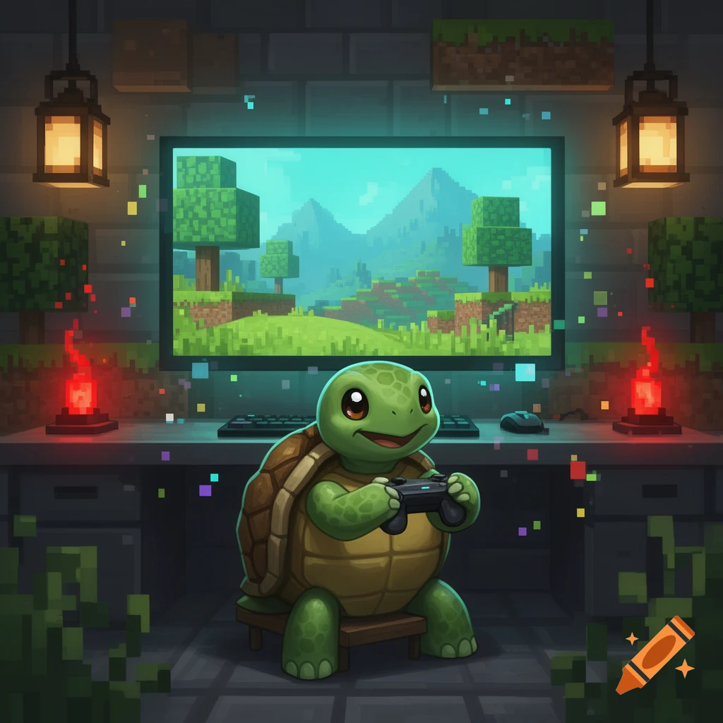 A cute cartoon turtle sitting on a stool playing a video game with Minecraft on the screen, digital art.