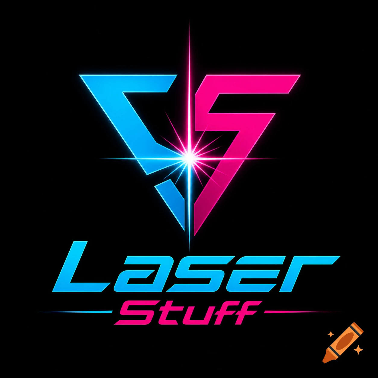 Neon logo for Laser Stuff with a glowing pink and blue futuristic icon on a black background.