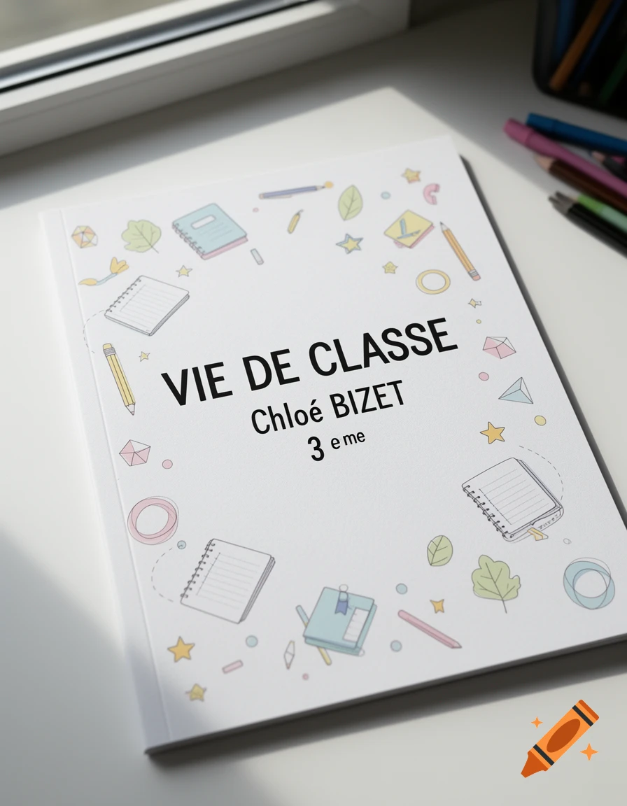 A school notebook cover featuring the title 'VIE DE CLASSE', 'Chloé BIZET', and '3 eme', surrounded by cute doodles.