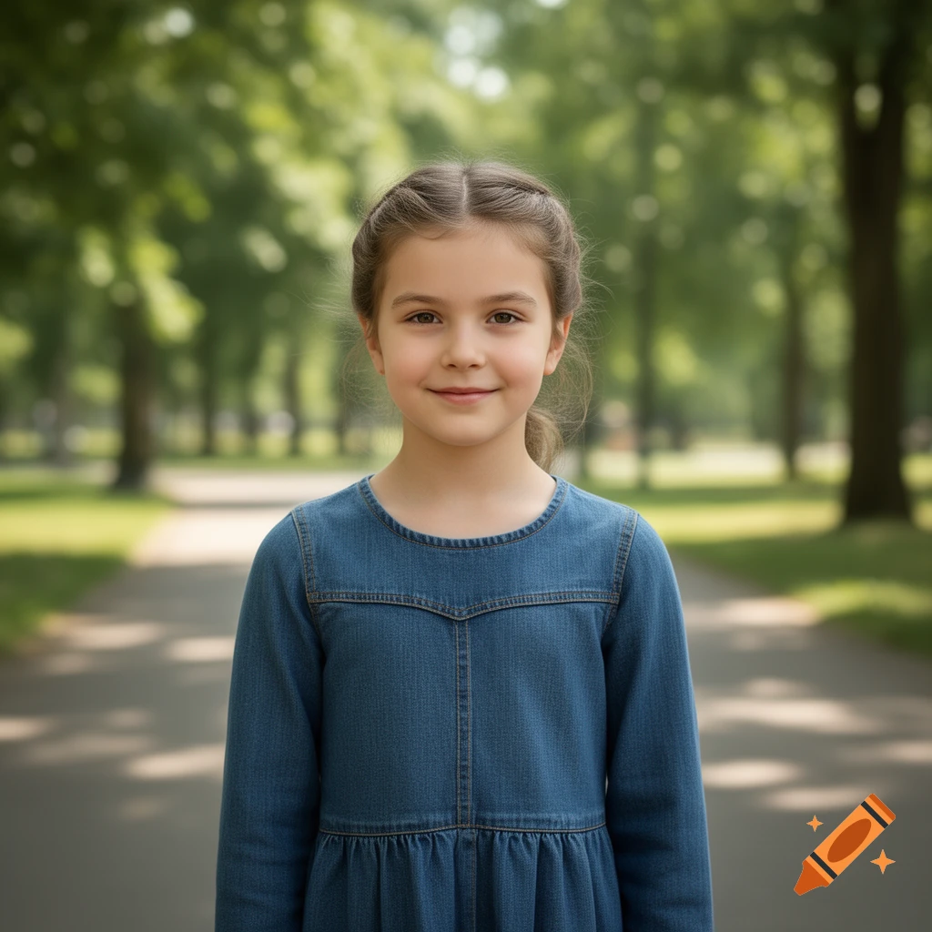 Photorealistic portrait of a young girl with braided hair wearing a blue denim dress standing on a park path.