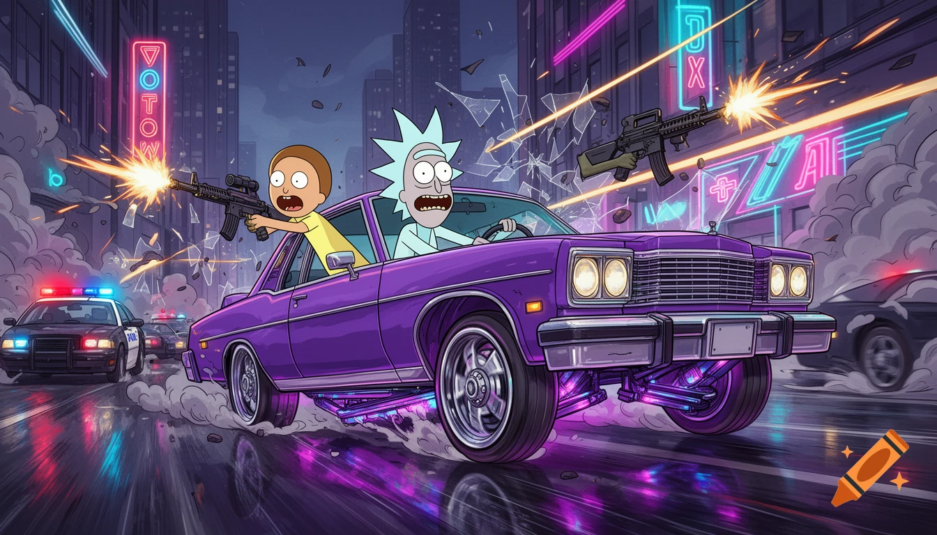 Rick and Morty driving a purple lowrider in a city street, shooting with assault rifles, animated style