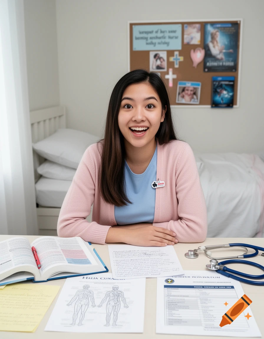 Photorealistic image of a young Asian woman smiling at a desk with medical books and a stethoscope.