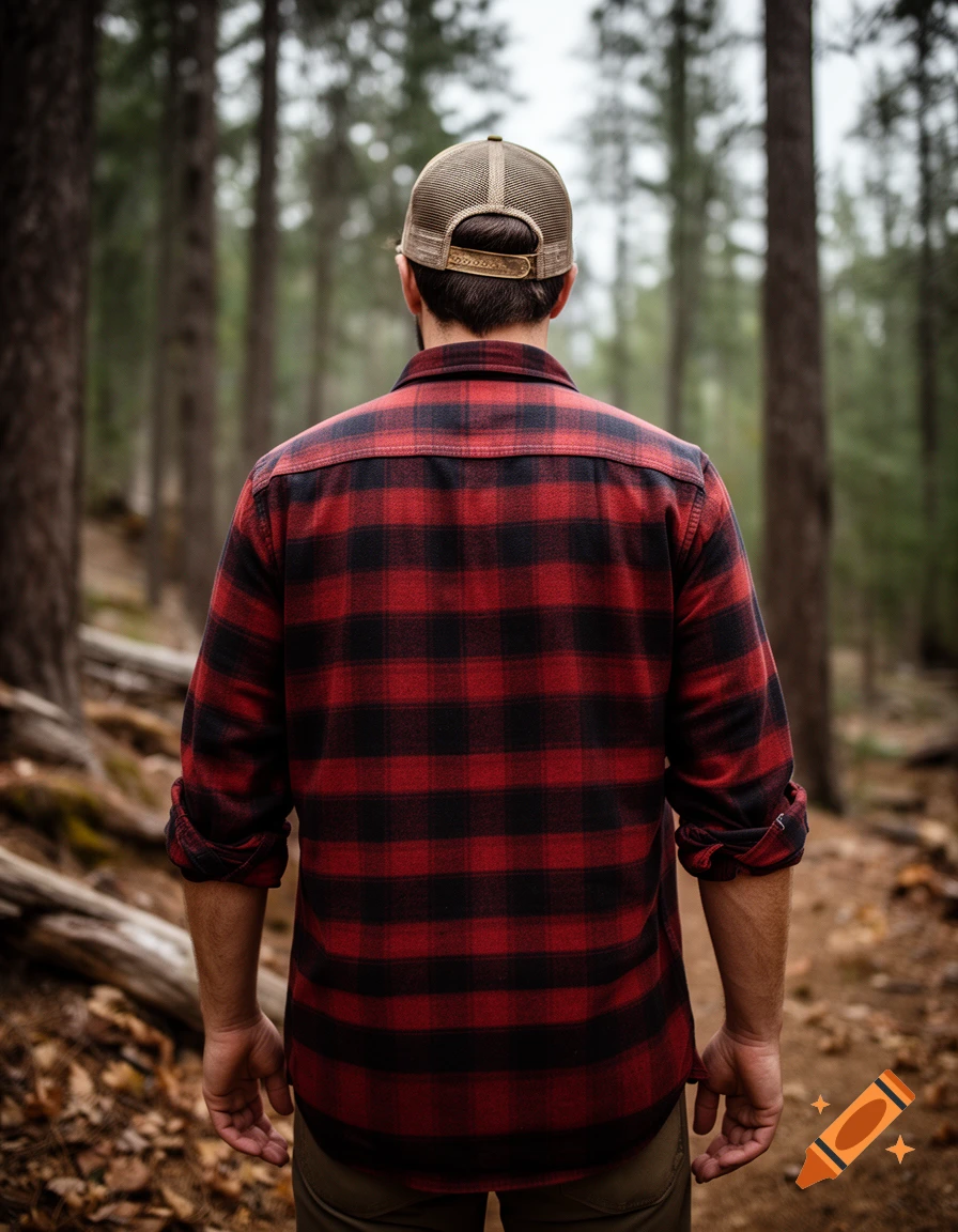 Photorealistic back view of a man wearing a red and black flannel lumberjack shirt, rolled-up sleeves, and a trucker cap in a forest setting.