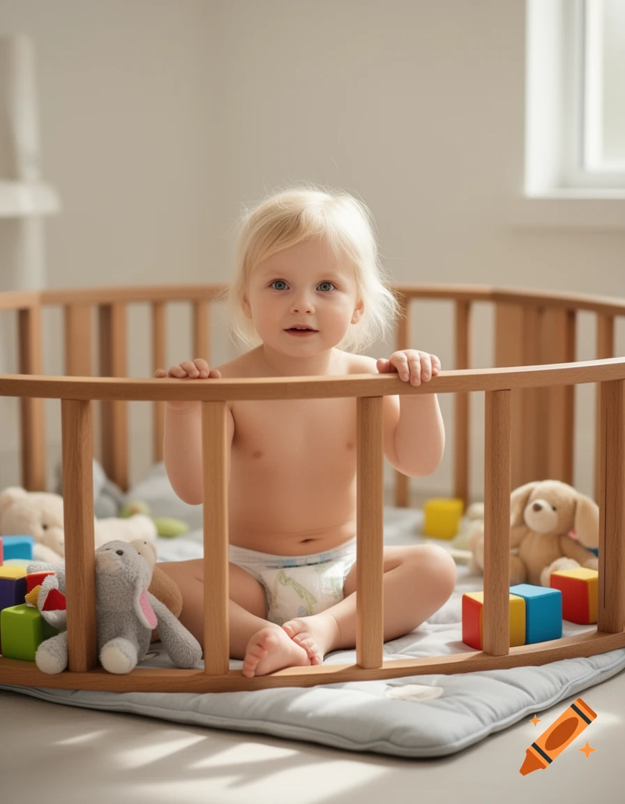 Photorealistic image of a little blonde baby in a diaper sitting inside a wooden playpen surrounded by toys.