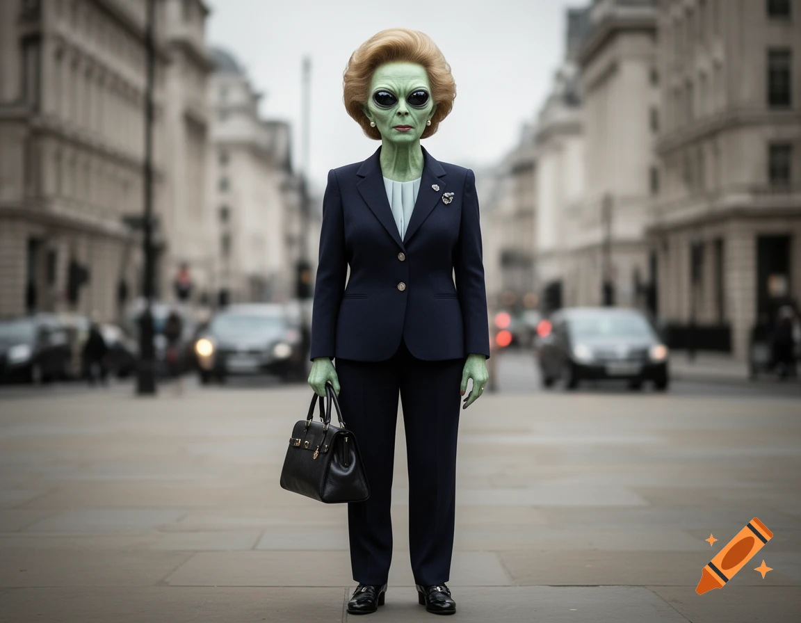 Photorealistic image of an alien with green skin and large black eyes, wearing a dark suit with Margaret Thatcher hair, standing on a London street holding a handbag.