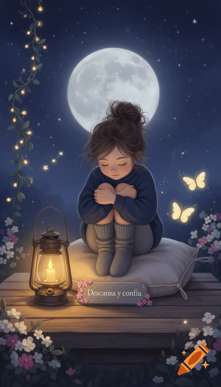 An illustration of a young girl hugging her knees on a cushion under a full moon, with a lantern and glowing butterflies.