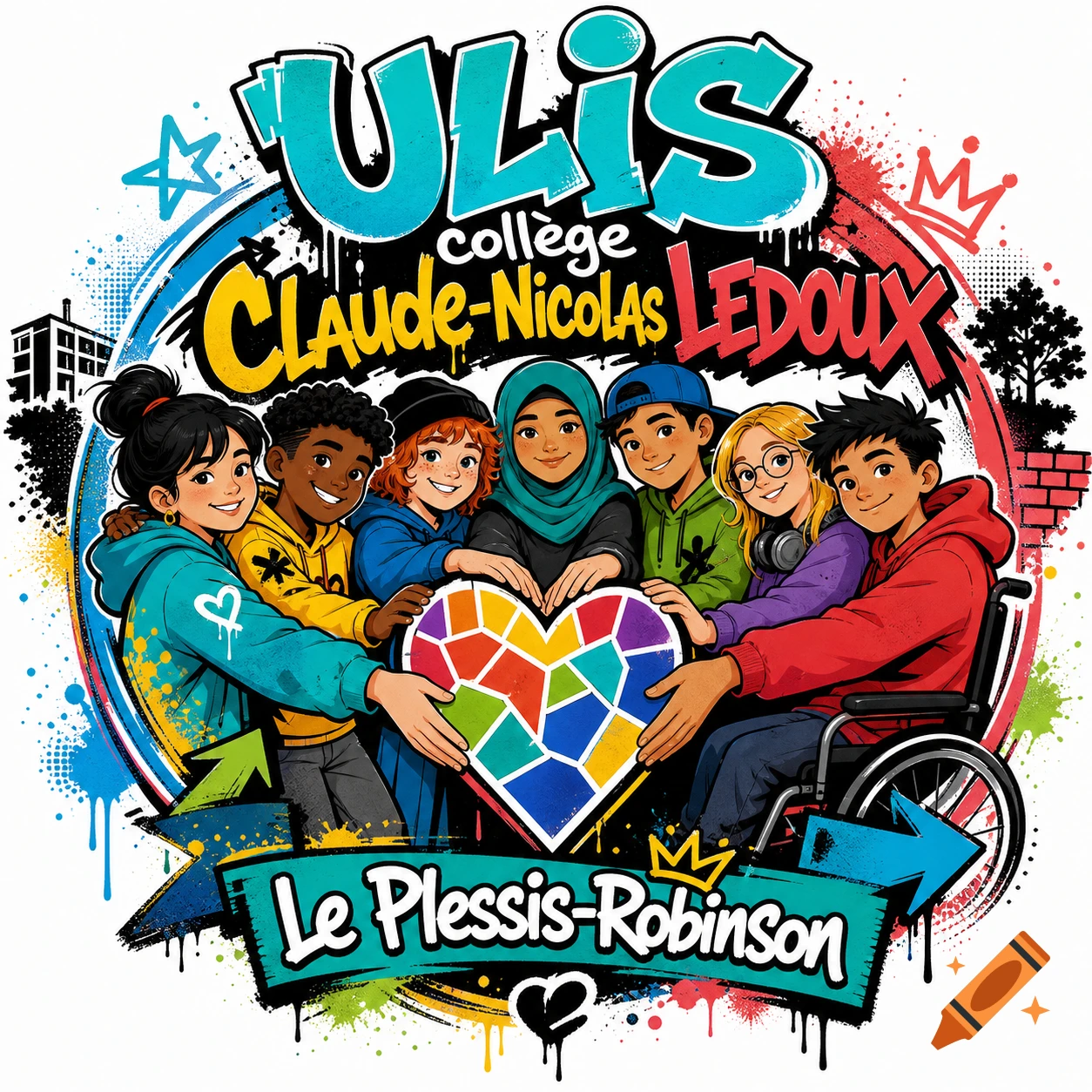 Colorful street art style logo featuring a group of diverse children holding a colorful mosaic heart, with text reading ULIS collège Claude-Nicolas LEDOUX Le Plessis-Robinson.