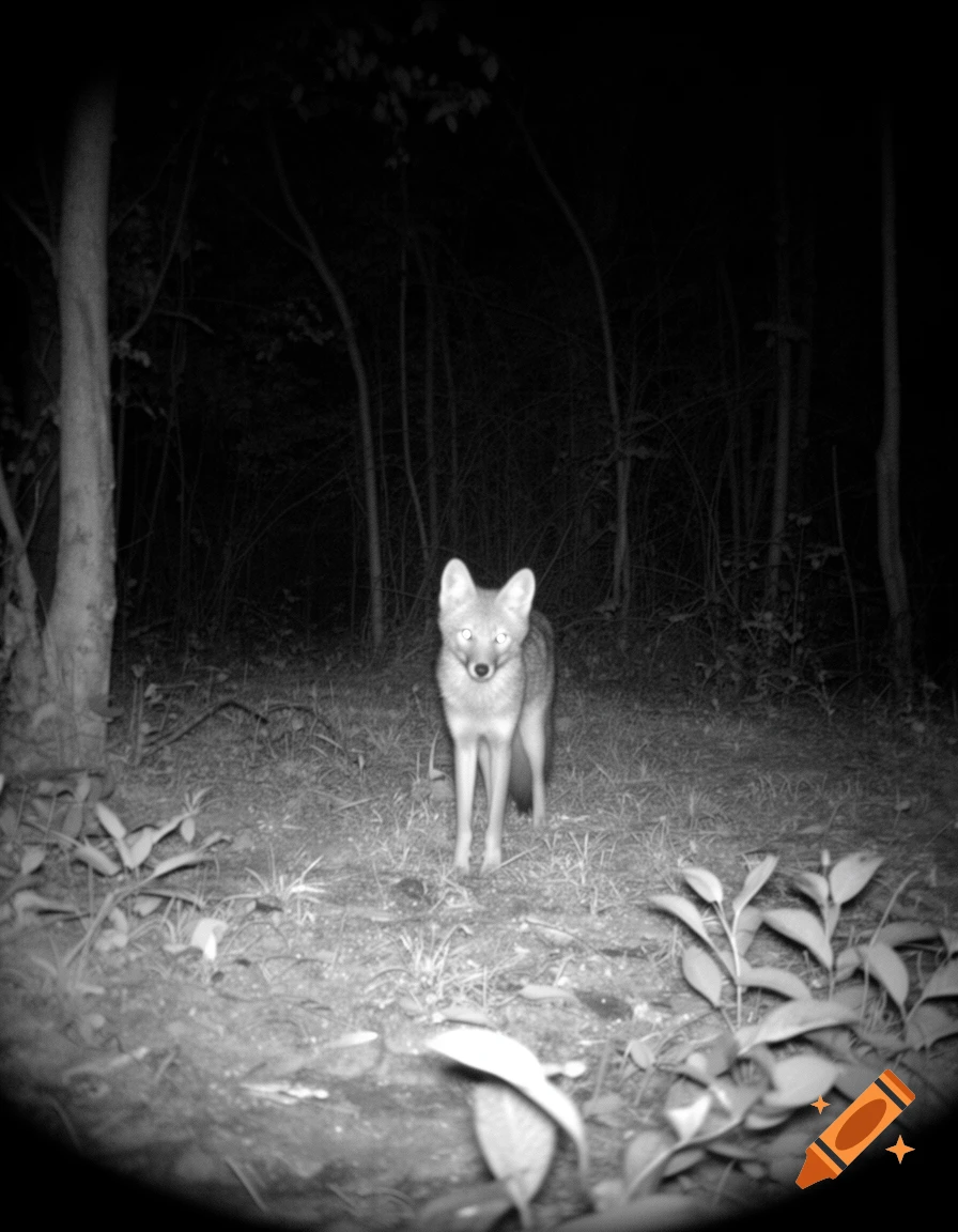 Monochrome trail camera photo of a fox standing in a dark forest at night.