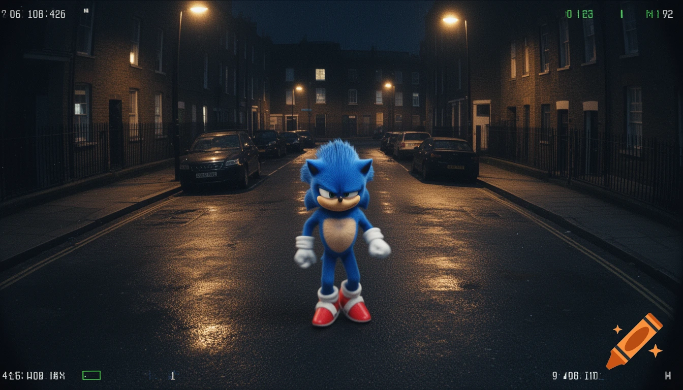 CGI character Sonic the Hedgehog standing on a wet urban street at night with vintage camera interface overlays.