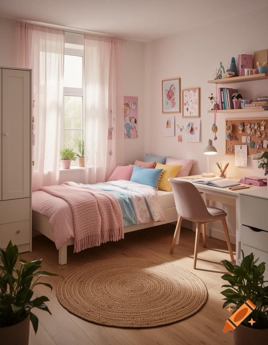 Photorealistic pink-themed bedroom for a child, featuring a single bed, study desk, and decor.