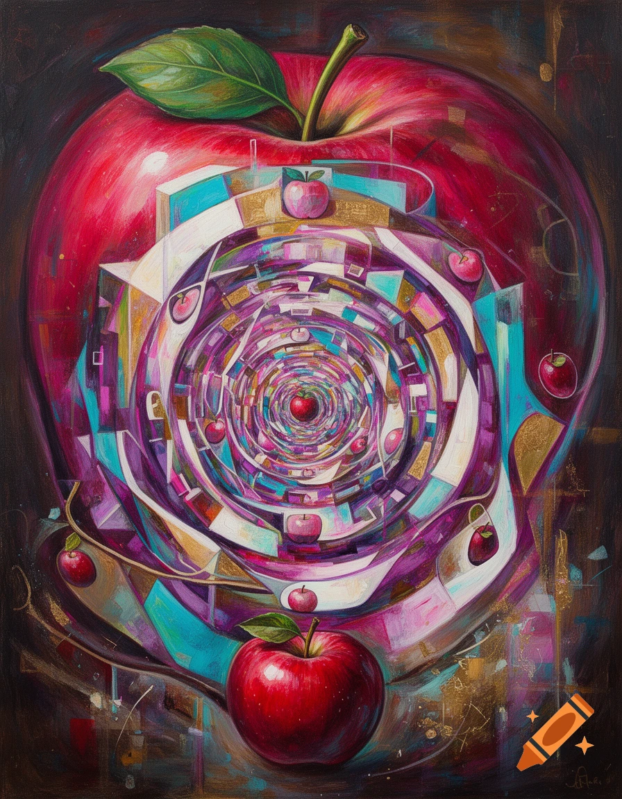 An abstract oil painting showing a large red apple transforming into a recursive, colorful vortex of geometric shapes and patterns.