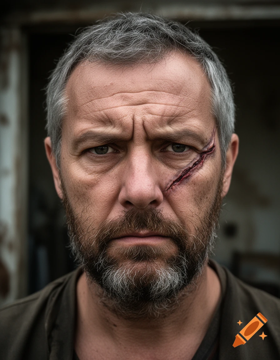 Photorealistic close-up portrait of a middle-aged man with gray hair, a scrubby beard, and a deep scar over his left eye.