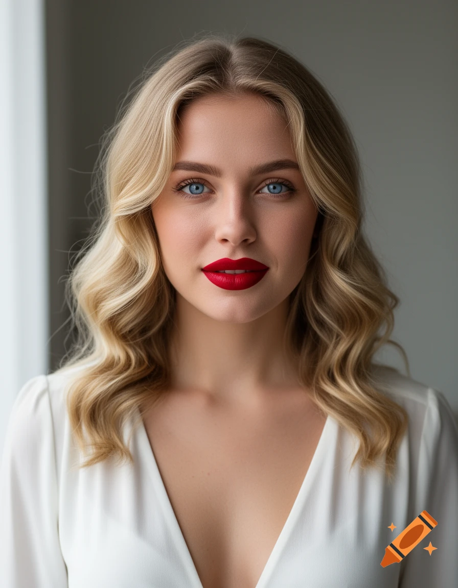 Photorealistic portrait of a young blonde woman with blue eyes and bright red lipstick, wearing a white V-neck blouse.