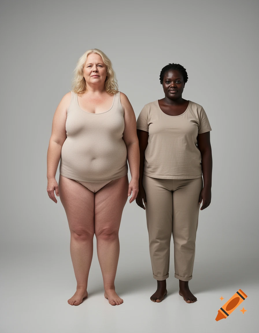 Photorealistic studio portrait of two diverse women standing side by side against a neutral gray background.