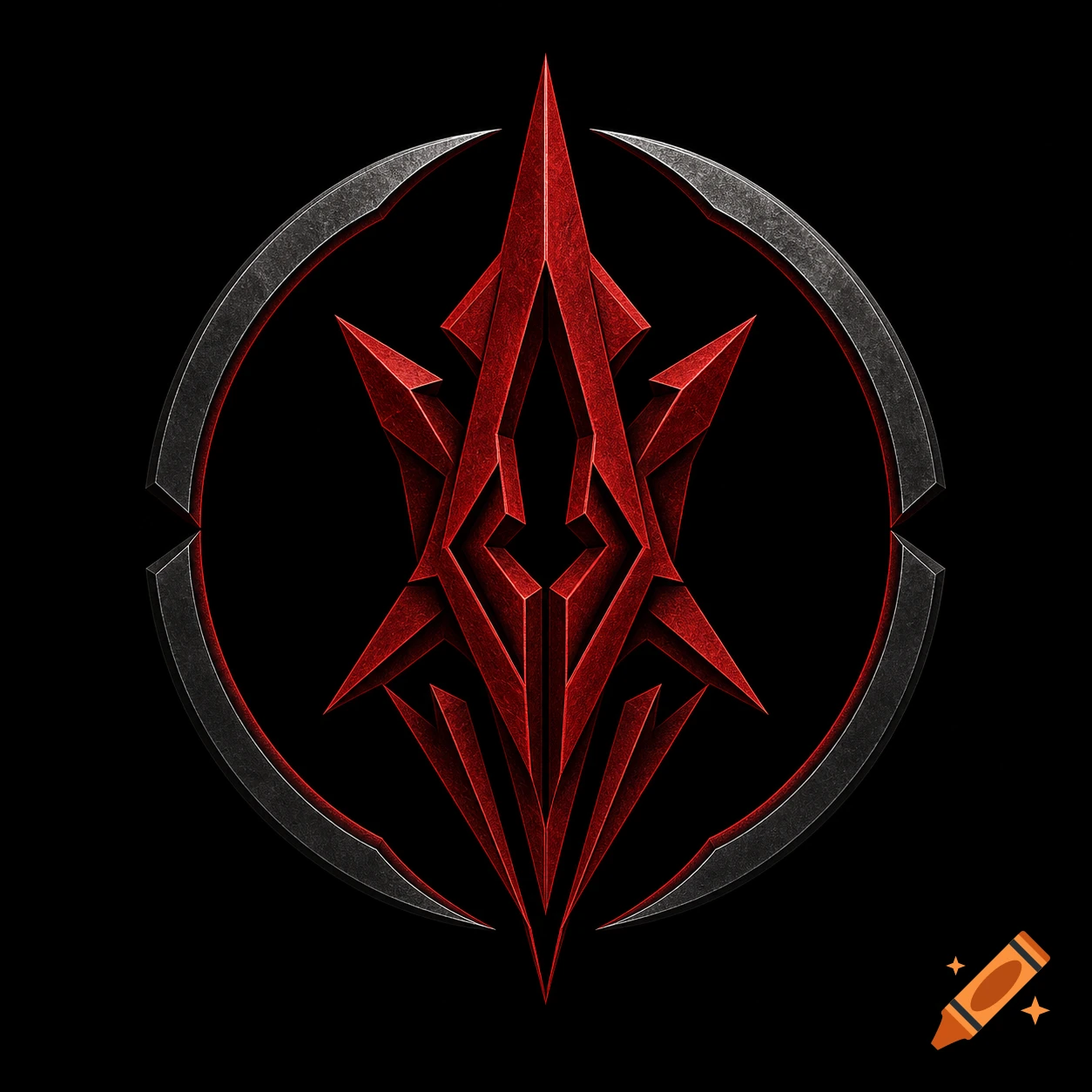A sharp, geometric red and black clan emblem with an incomplete circular ring on a solid black background.