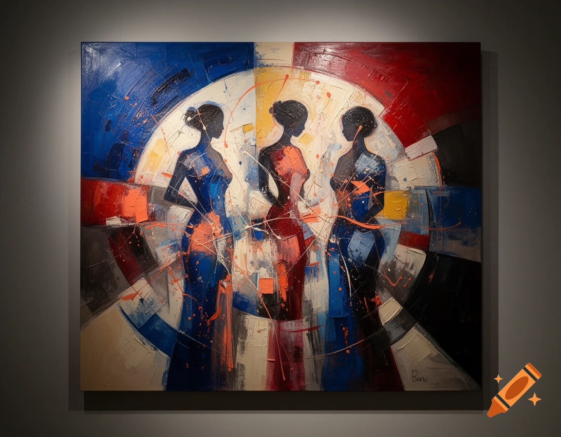 Abstract acrylic painting featuring three silhouetted female figures against a circular backdrop of blue, red, and yellow abstract patterns.