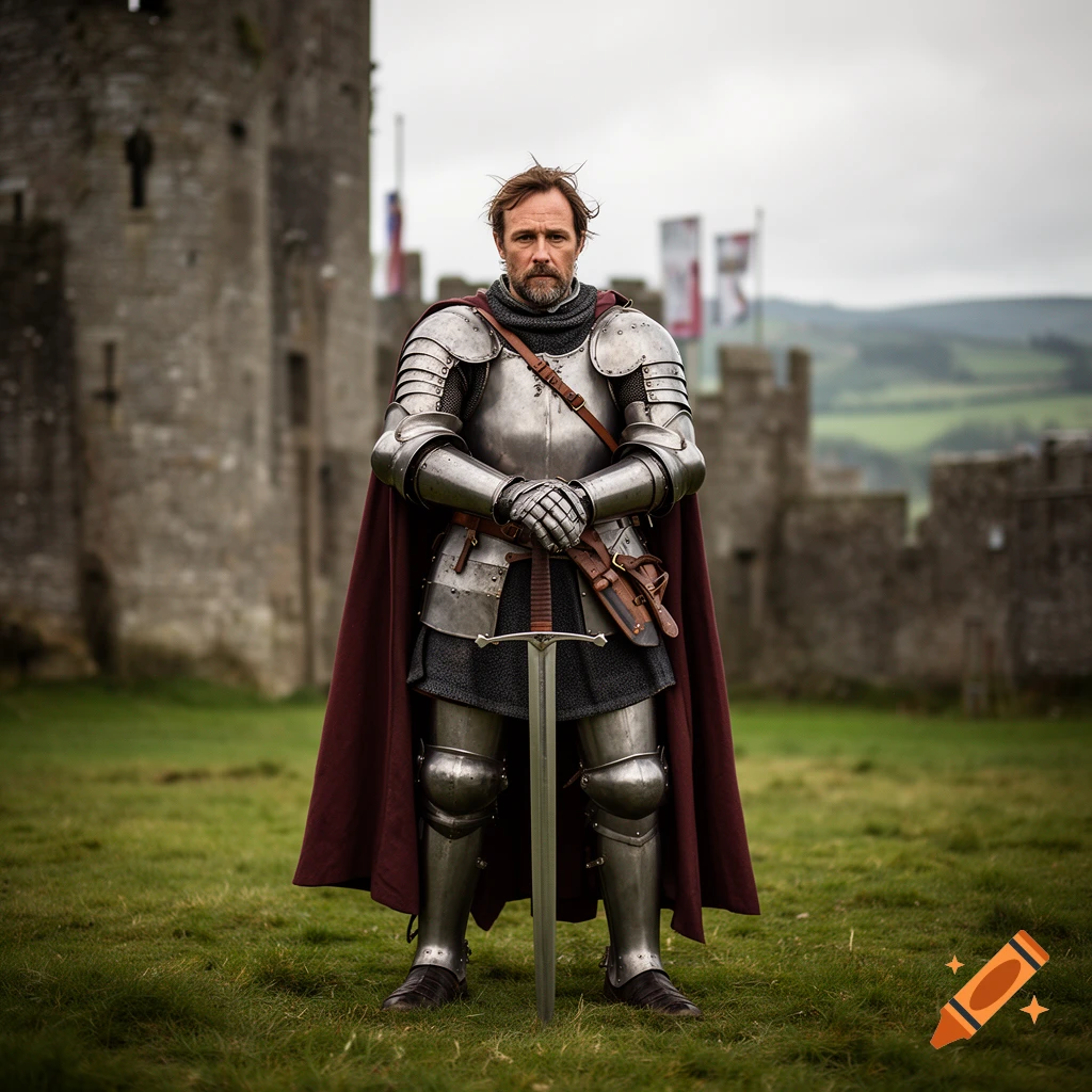 Photorealistic full-body portrait of a medieval knight in full plate armor holding a sword standing in front of a stone castle.
