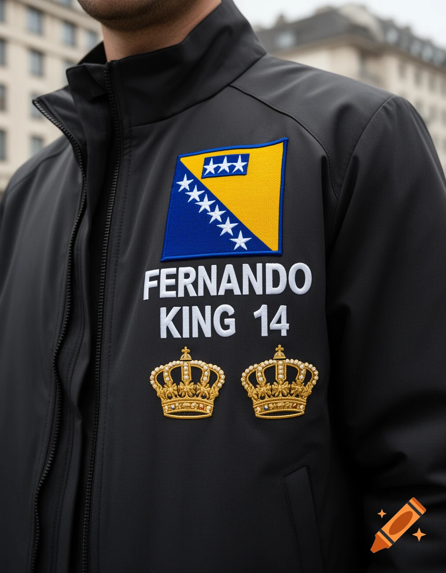 Close-up of a black jacket featuring the Bosnia and Herzegovina flag patch, the text 'FERNANDO KING 14', and two embroidered gold crowns.
