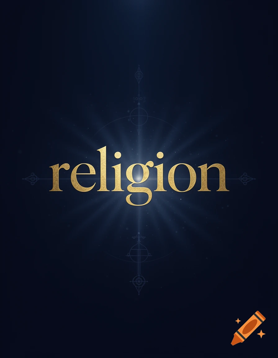 The word religion in gold serif typography centered against a dark blue background with radial light effects.