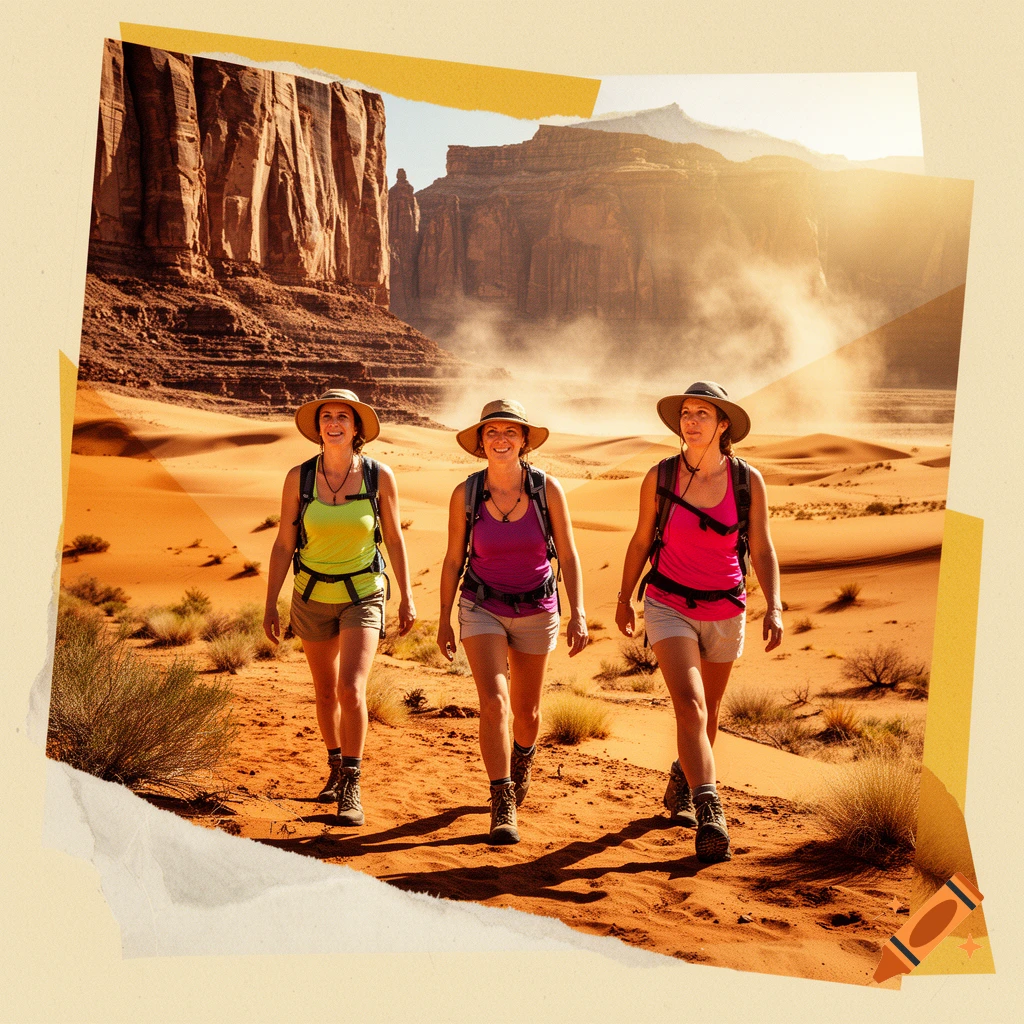 Three women in tank tops, shorts, and hiking hats walking through a desert landscape with rock formations in the background, styled as a collage.