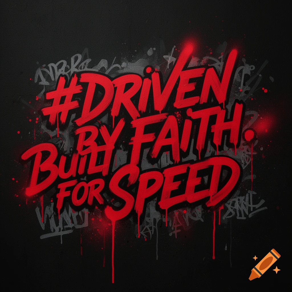 Red graffiti style text reading '#Driven By Faith. Built For Speed' on a black background.