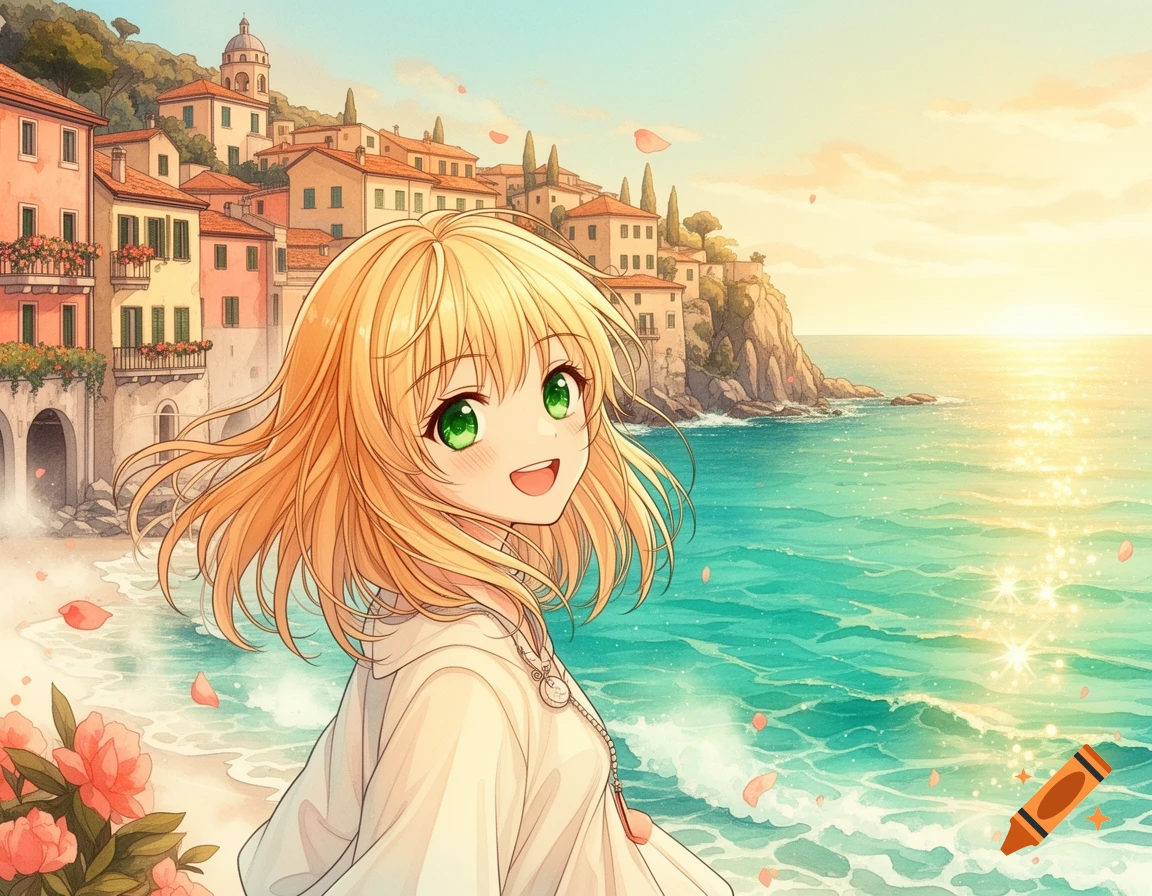 An anime-style digital illustration of a smiling young blonde woman with green eyes, overlooking an Italian coastal village and the sea at sunset.