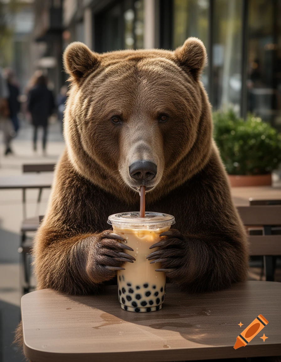 A photorealistic brown bear sitting at an outdoor cafe table, drinking boba tea with a straw.