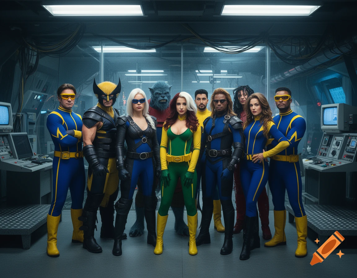 Live-action group portrait of the X-Men team in 1990s costumes standing in a laboratory setting.