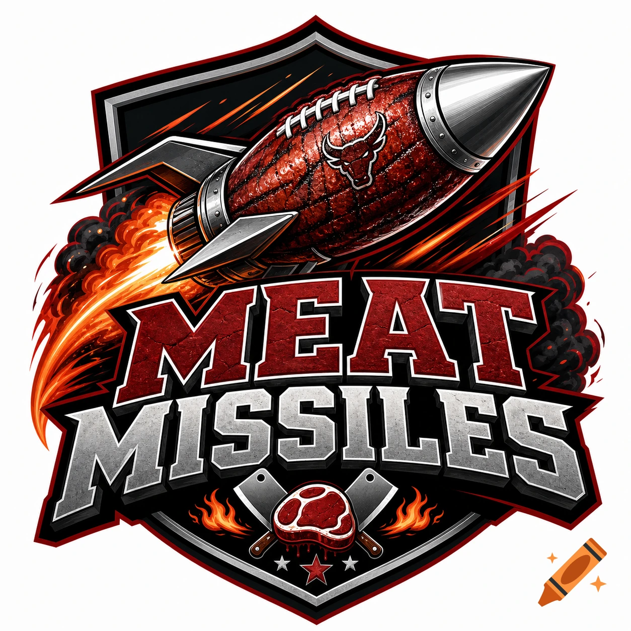 Fantasy football logo depicting a rocket football shaped like a steak with a bull logo, and the text MEAT MISSILES.
