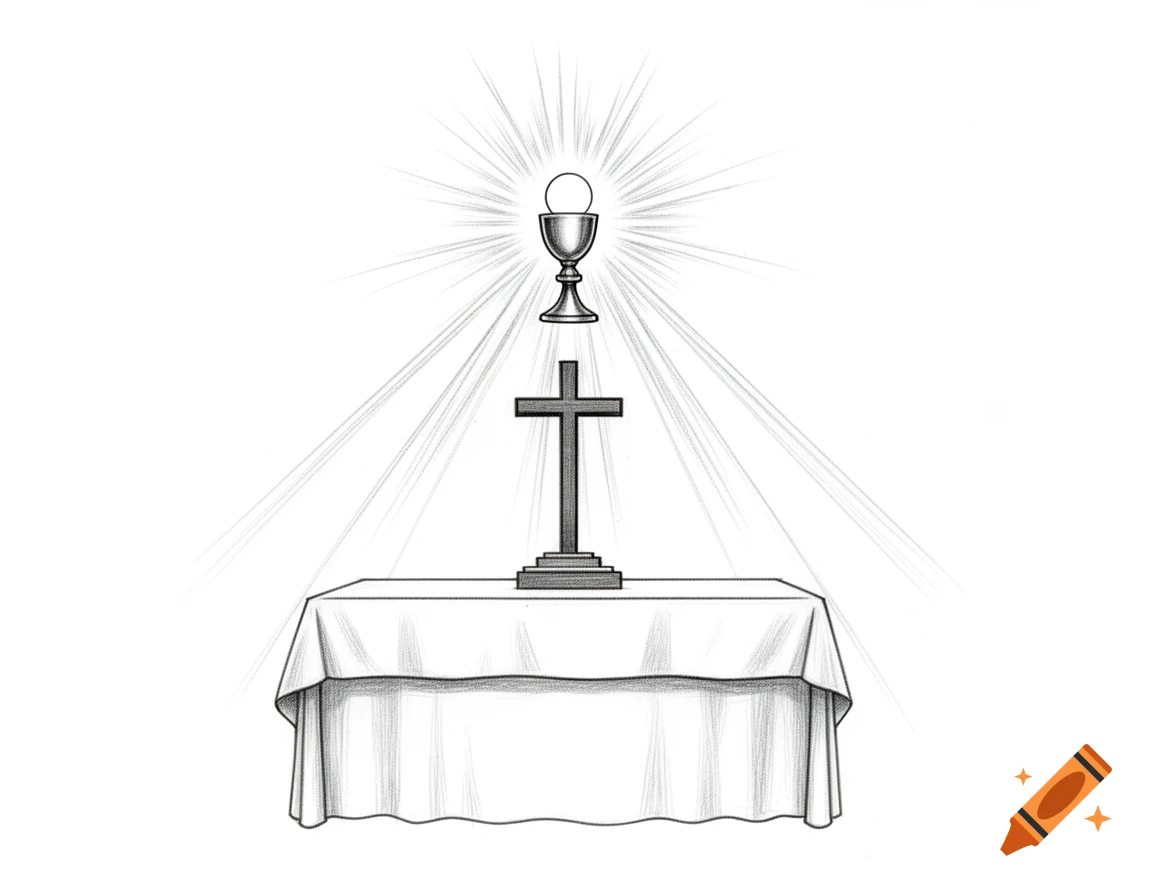Black and white line drawing of a church altar with a crucifix, chalice, and host, emitting light rays.