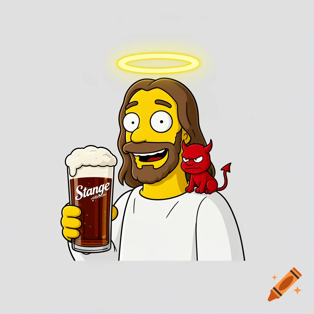 Jesus in Simpsons animation style holding a beer glass with a small devil on his shoulder, 2D vector.