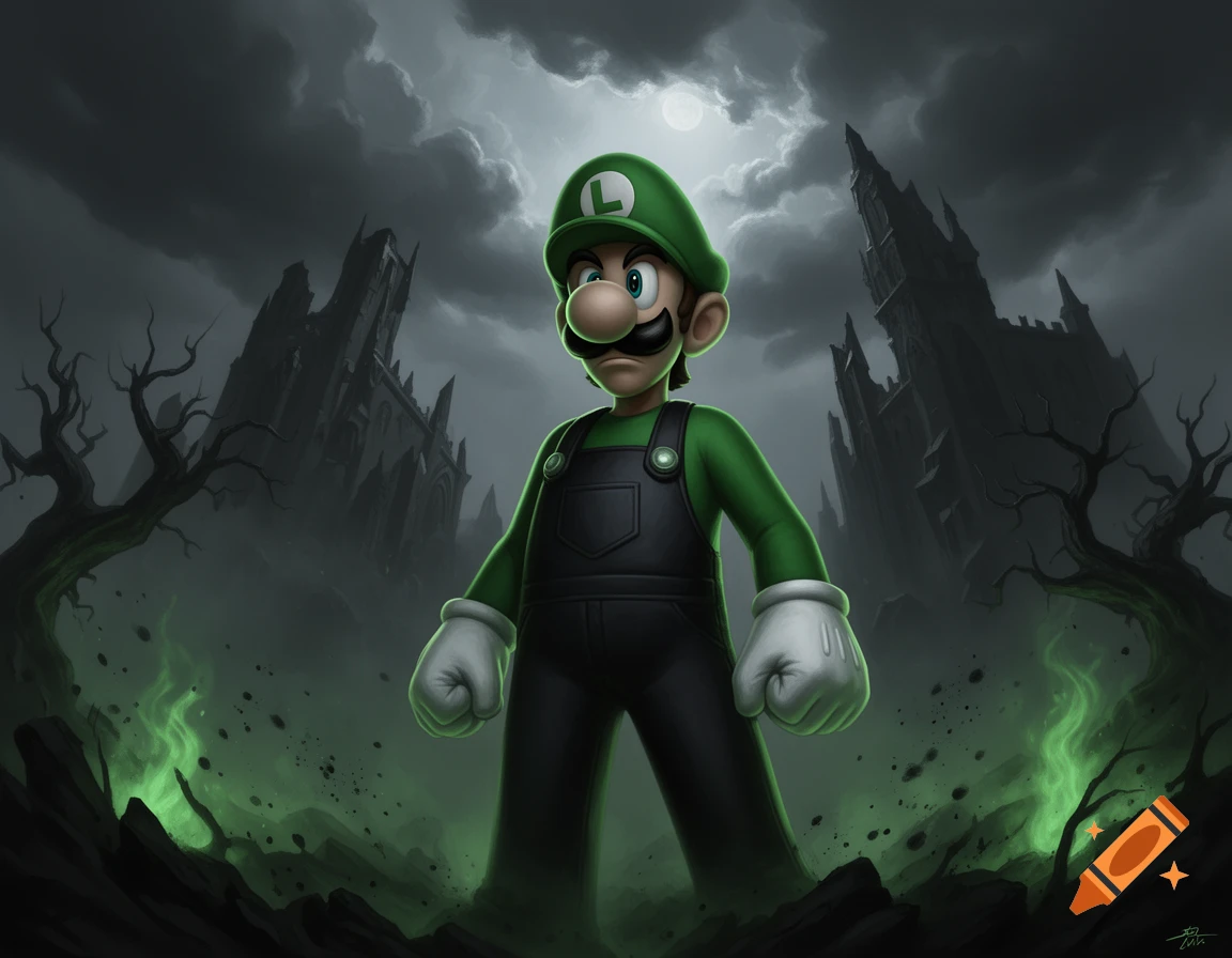 Digital illustration of a dark, brooding Luigi standing in a spooky, gothic graveyard under a cloudy night sky.