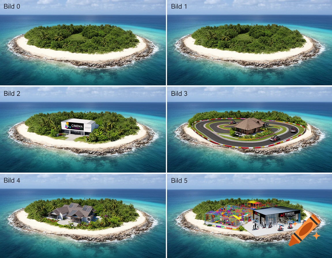 A grid of six aerial view images showing a tropical island progressively developing with various buildings and infrastructure.