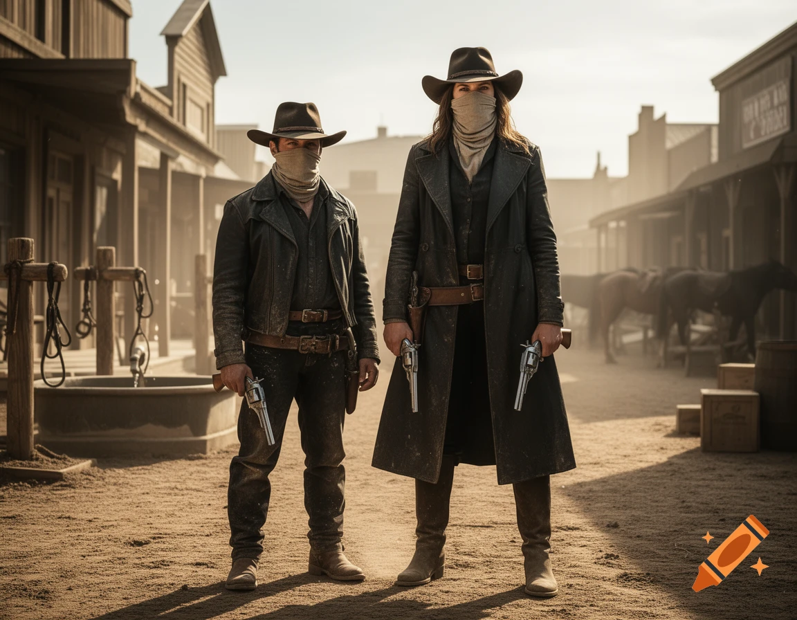Photorealistic image of a male and female outlaw duo in a dusty western town wearing masks and holding revolvers.