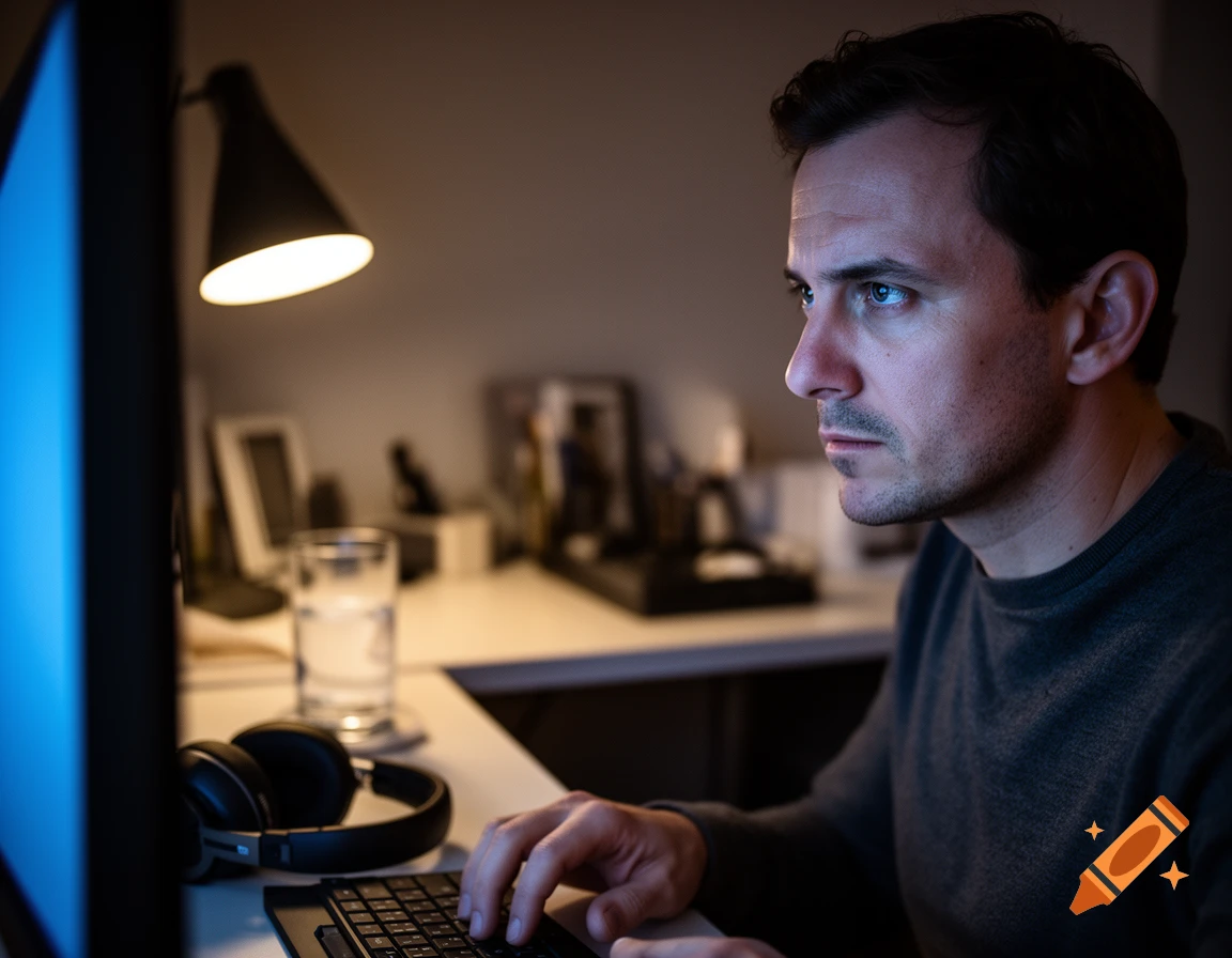 Photorealistic close-up of a man with dark hair looking intently at a computer screen in a dimly lit room.