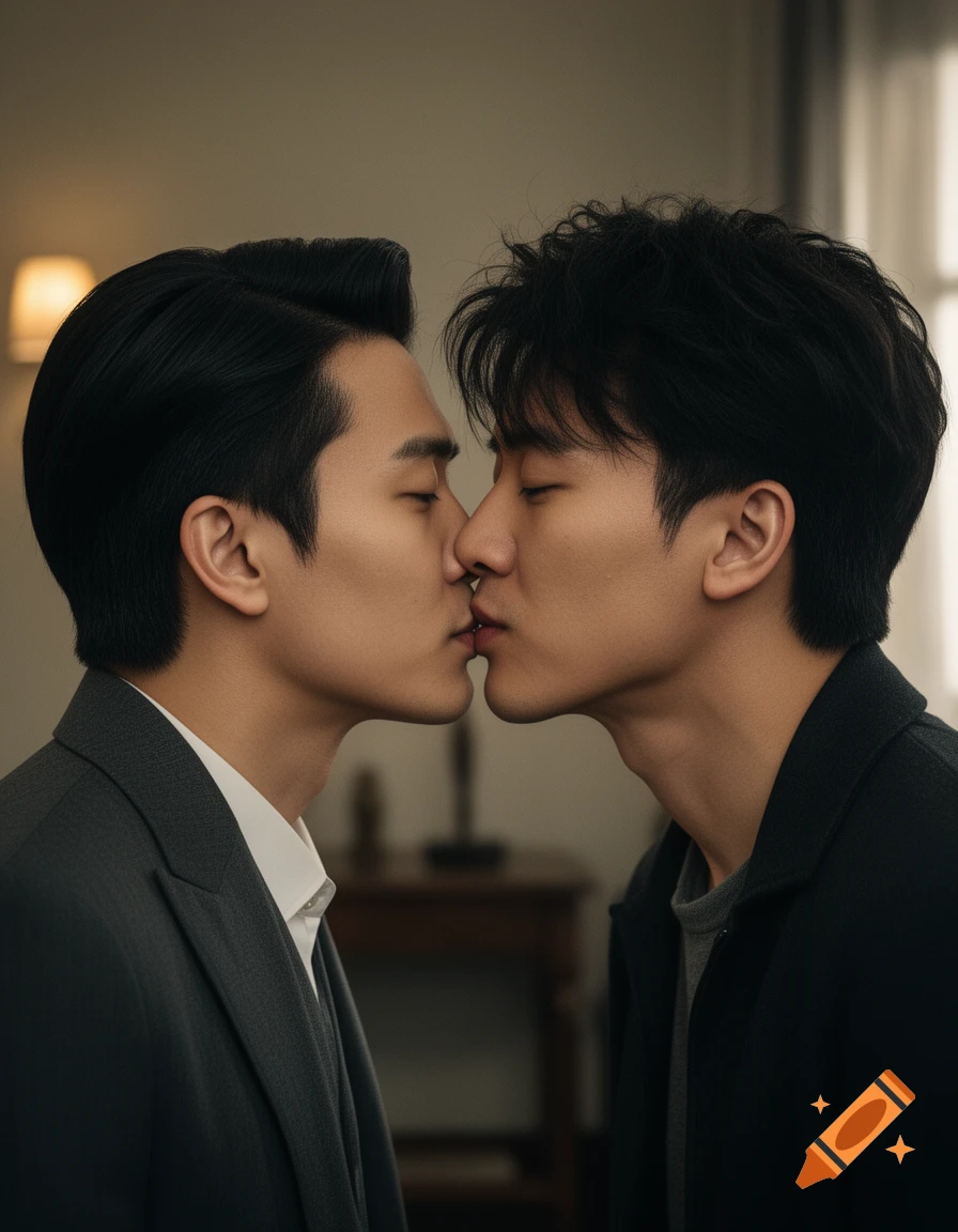 Photorealistic medium shot of two Asian men in suits leaning in to kiss.