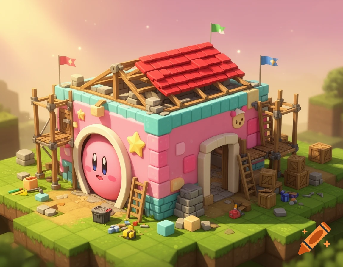 Isometric voxel-style house designed to look like Kirby under construction, with scaffolding and blocks in a grassy landscape.