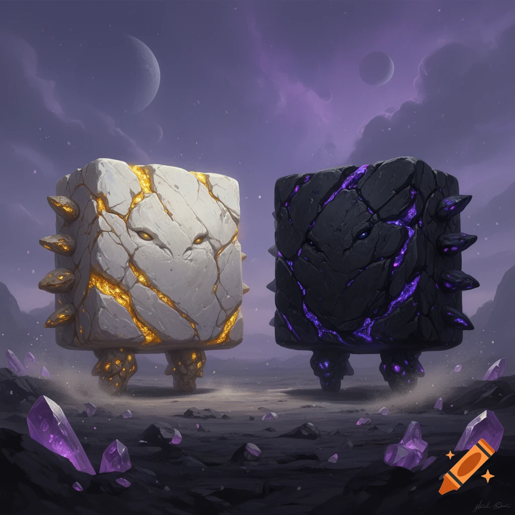 Two blocky alien rock creatures, one white with yellow crystal cracks and one black with purple crystal cracks, standing in a desolate alien landscape under a purple sky with planets.