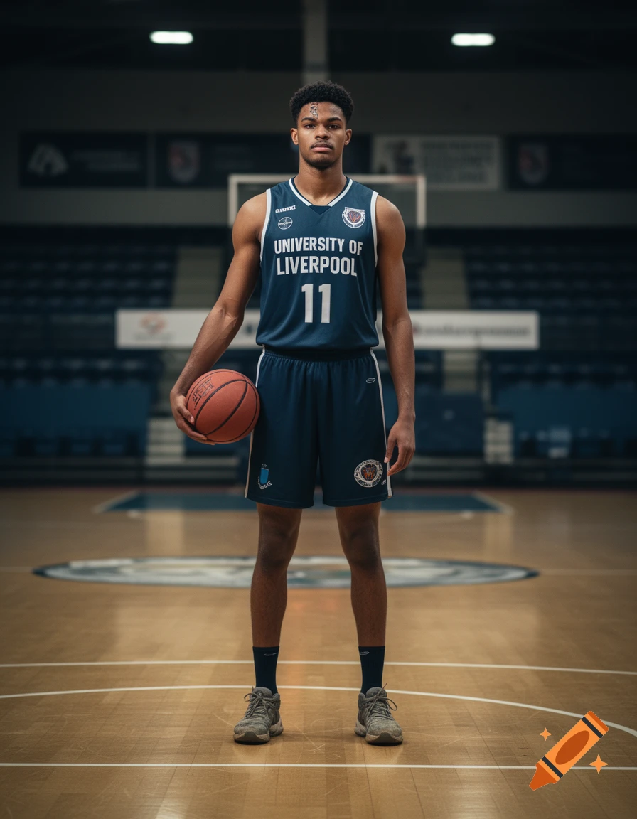 Photorealistic full-body shot of a young male basketball player in a University of Liverpool jersey holding a basketball on an indoor court.