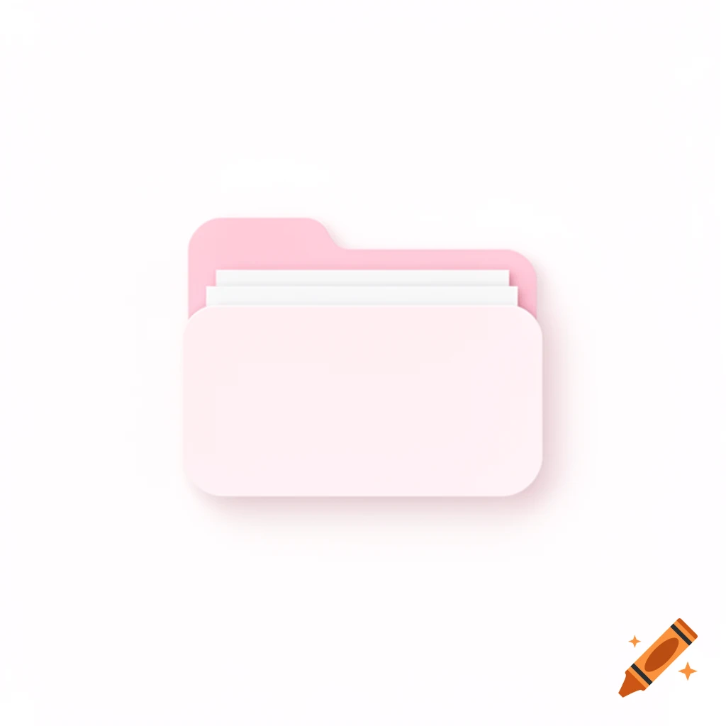 A minimal 3D pastel pink folder icon with white papers sticking out on a white background.