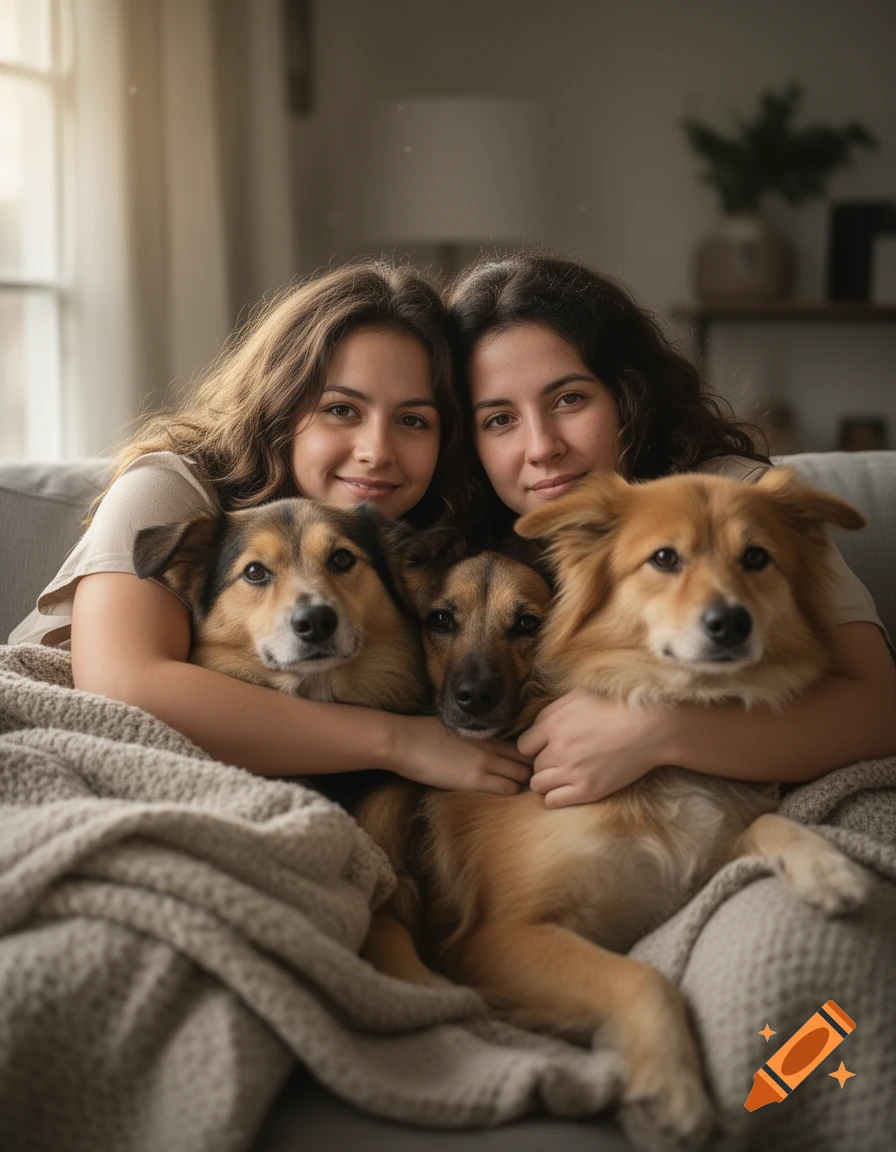 Two women smiling warmly on a couch while embracing three dogs under a cozy blanket, photorealistic.